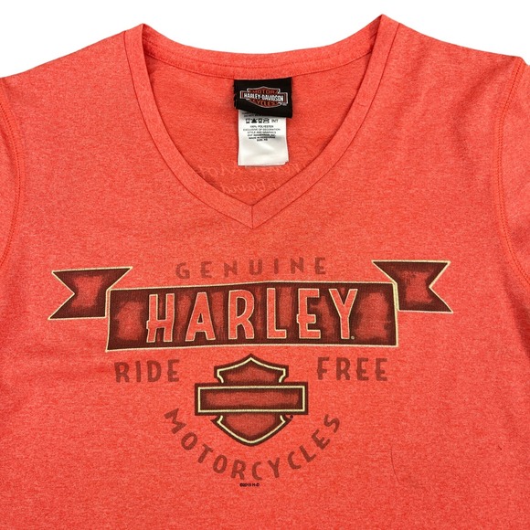 Harley-Davidson Top‎ Womens XS V-Neck Short Sleeve Orange 2-Sided Logo - Picture 1 of 12